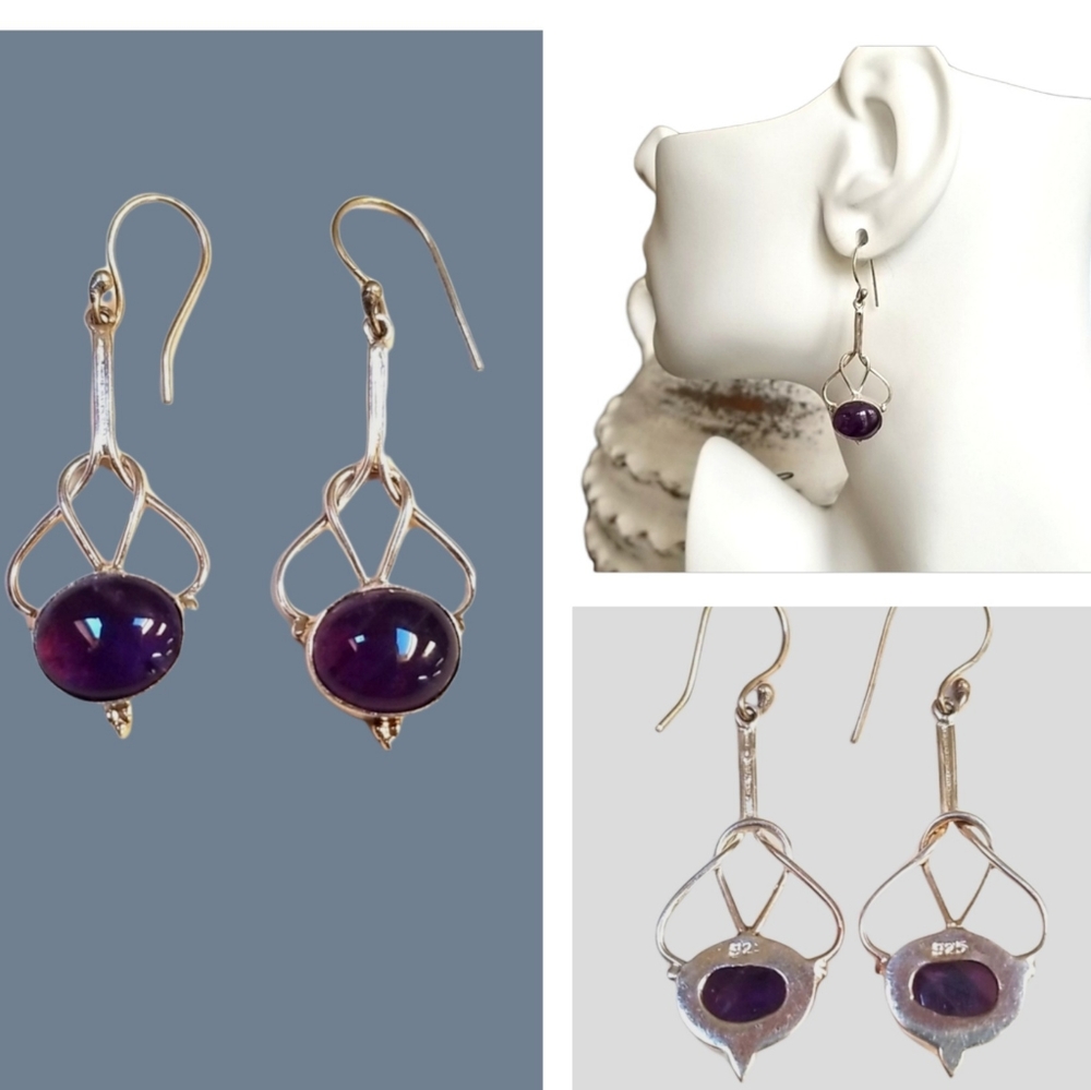 Hand Crafted Amethyst .925 Sterling Silver Hook Pierced Earrings